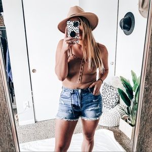 Distressed jean shorts